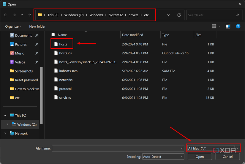 Screenshot of the file picker showing the hosts file