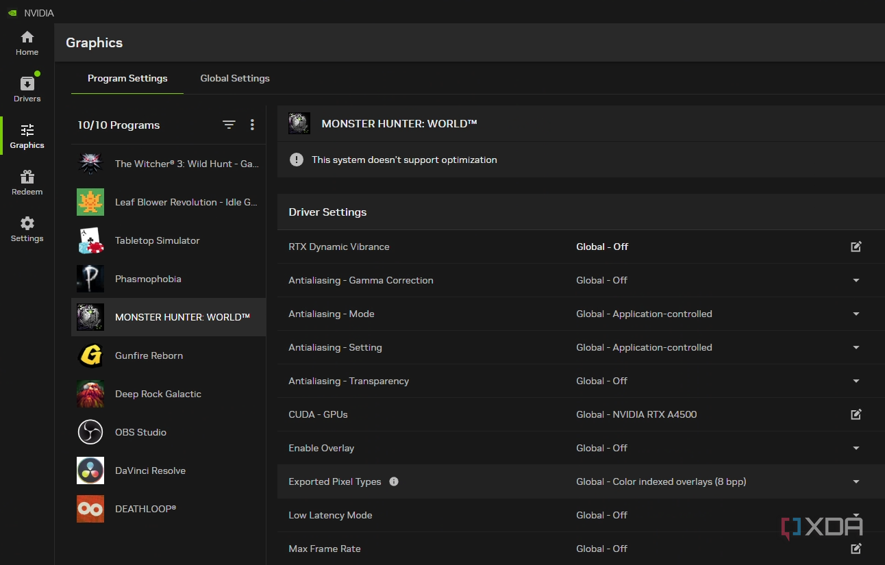 The Nvidia App "graphics" page