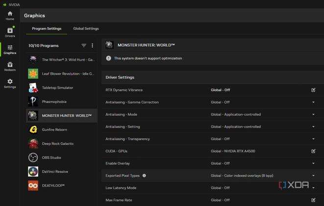 The Nvidia App "graphics" page