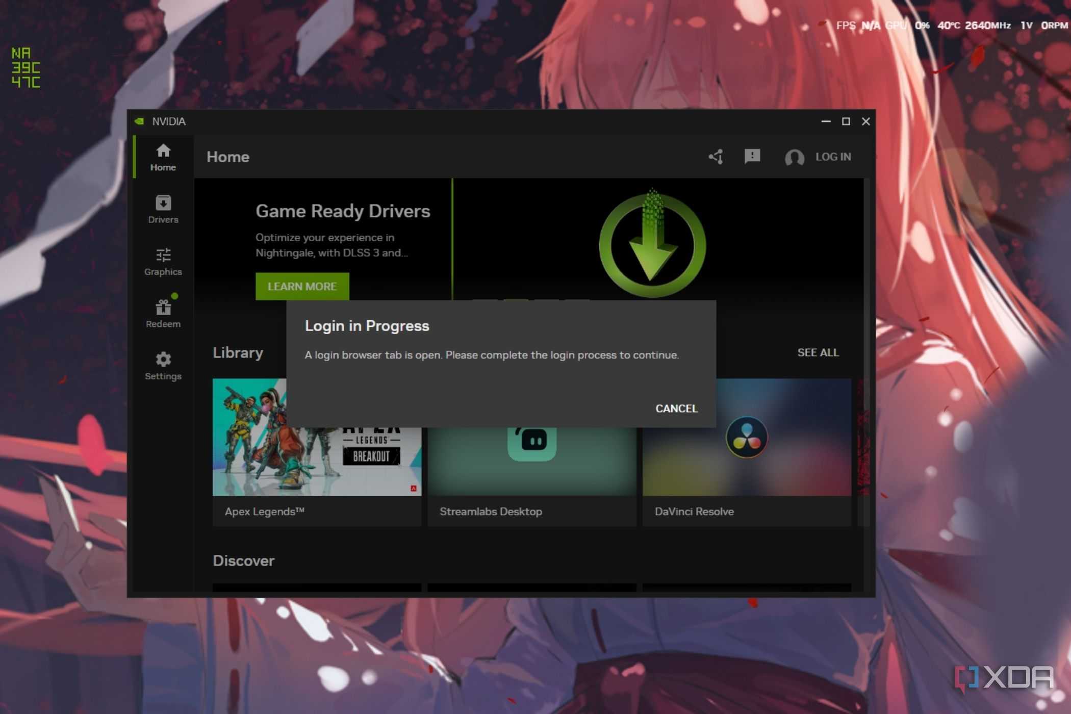 A screenshot showing the Nvidia app login screen.