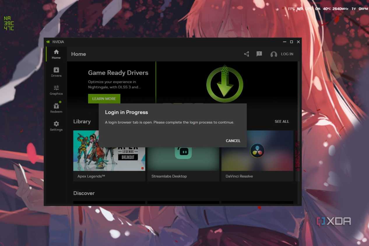 A screenshot showing the Nvidia app login screen.
