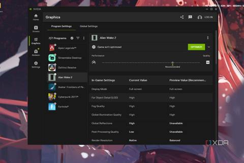 A screenshot showing the Nvidia app displaying the optimum settings for Alan Wake 2.