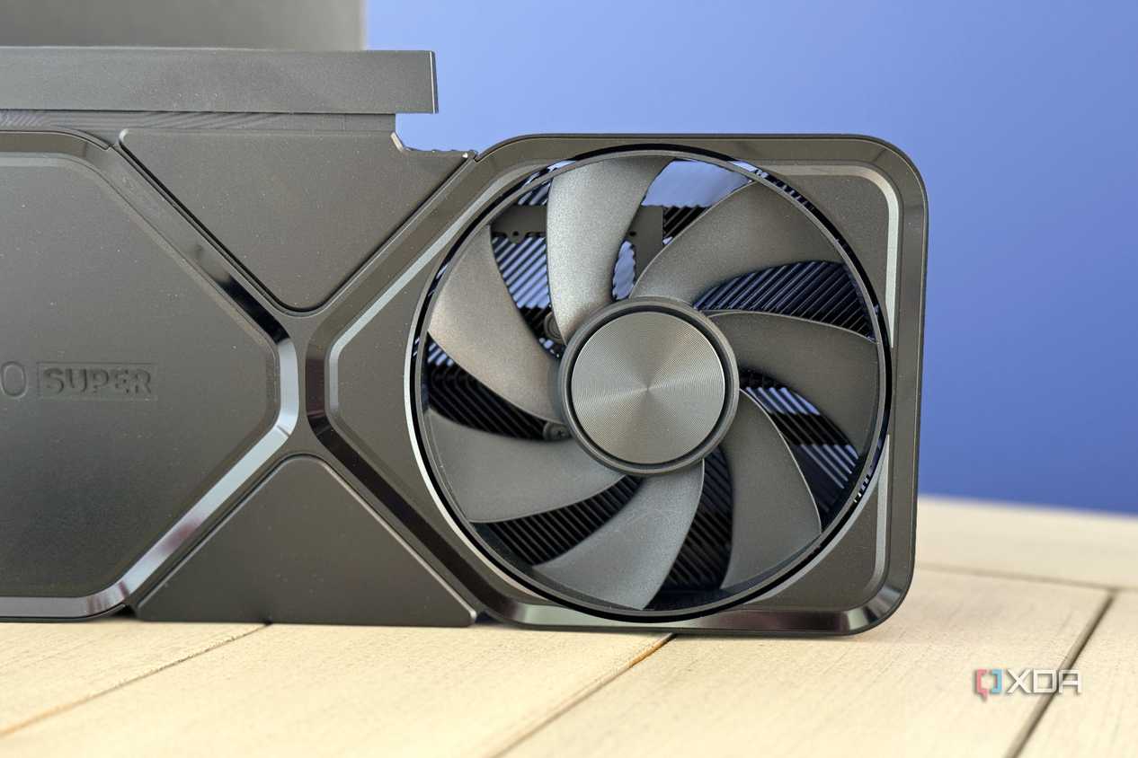 nvidia geforce rtx 4070 super founders edition graphics card with closeup of end fan