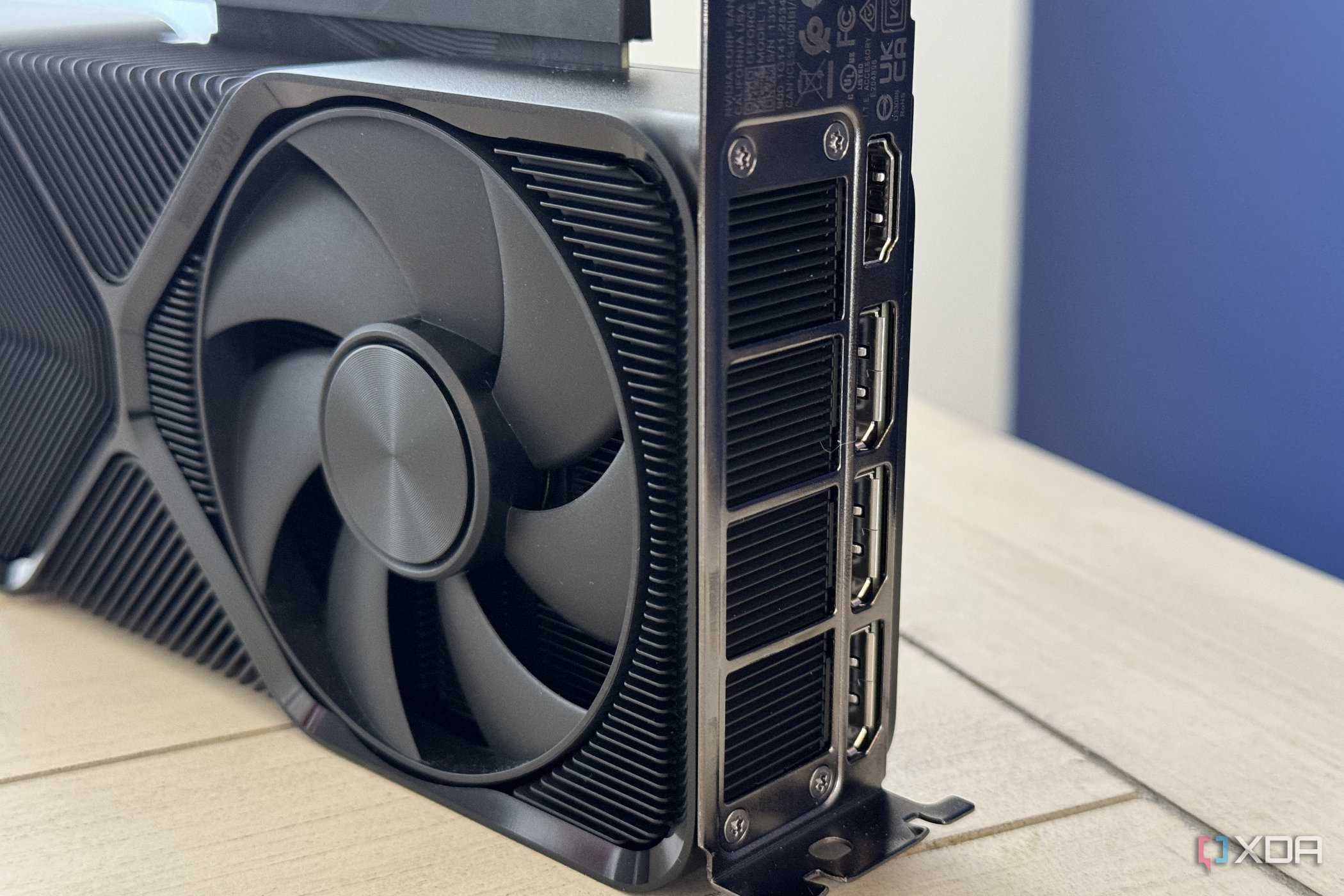 nvidia geforce rtx 4070 super founders edition closeup of hot air exhaust and io panel