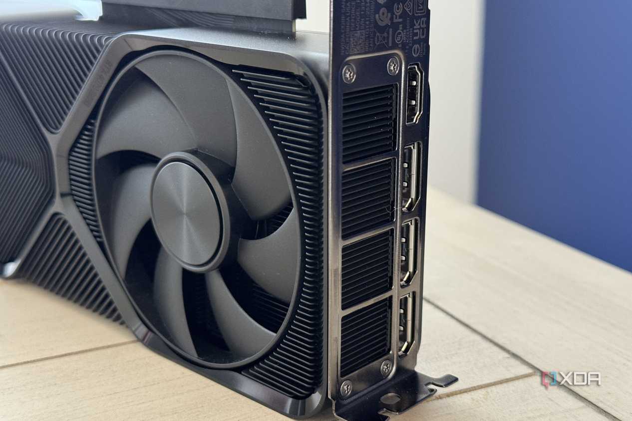 nvidia geforce rtx 4070 super founders edition closeup of hot air exhaust and io panel