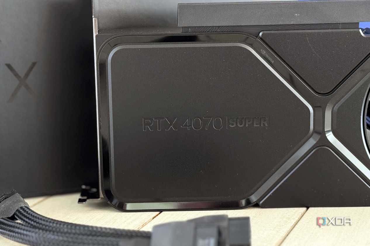 nvidia geforce rtx 4070 super founders edition logo panel with power adapter in front