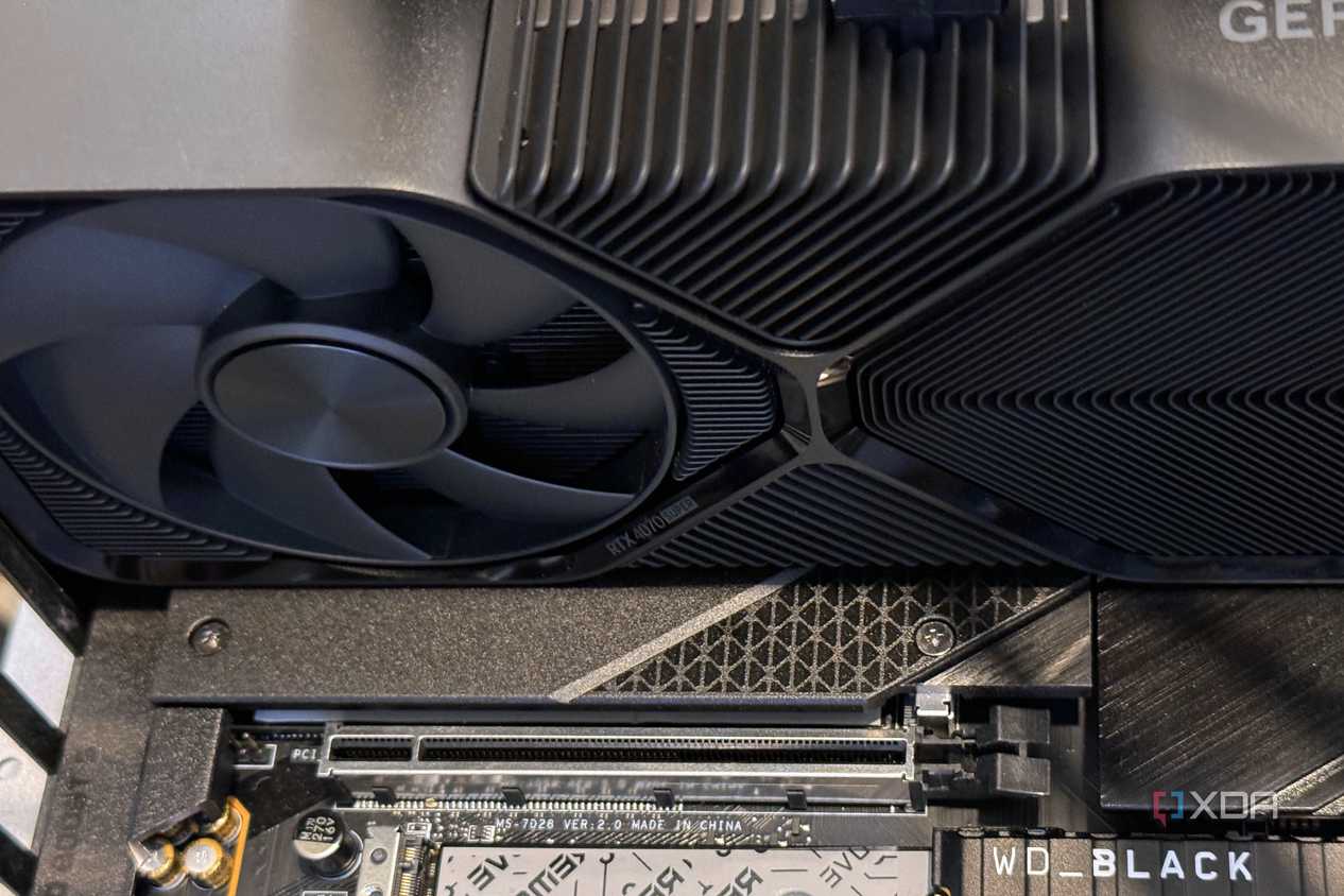 nvidia geforce rtx 4070 super founders edition installed on a motherboard to illustrate it not covering other x16 pcie slot