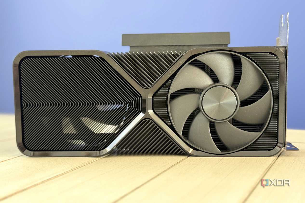 nvidia geforce rtx 4070 super founders edition stood on a table showing the bottom face