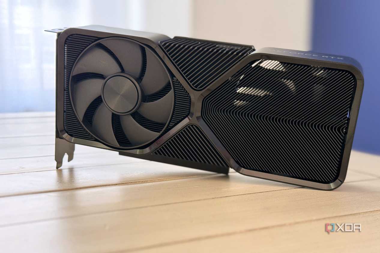 nvidia geforce rtx 4070 super founders edition stood up on table with light coming through the heatsink