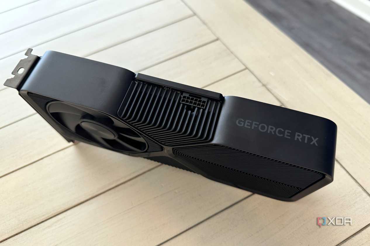 nvidia geforce rtx 4070 super founders edition stood up on a tabletop