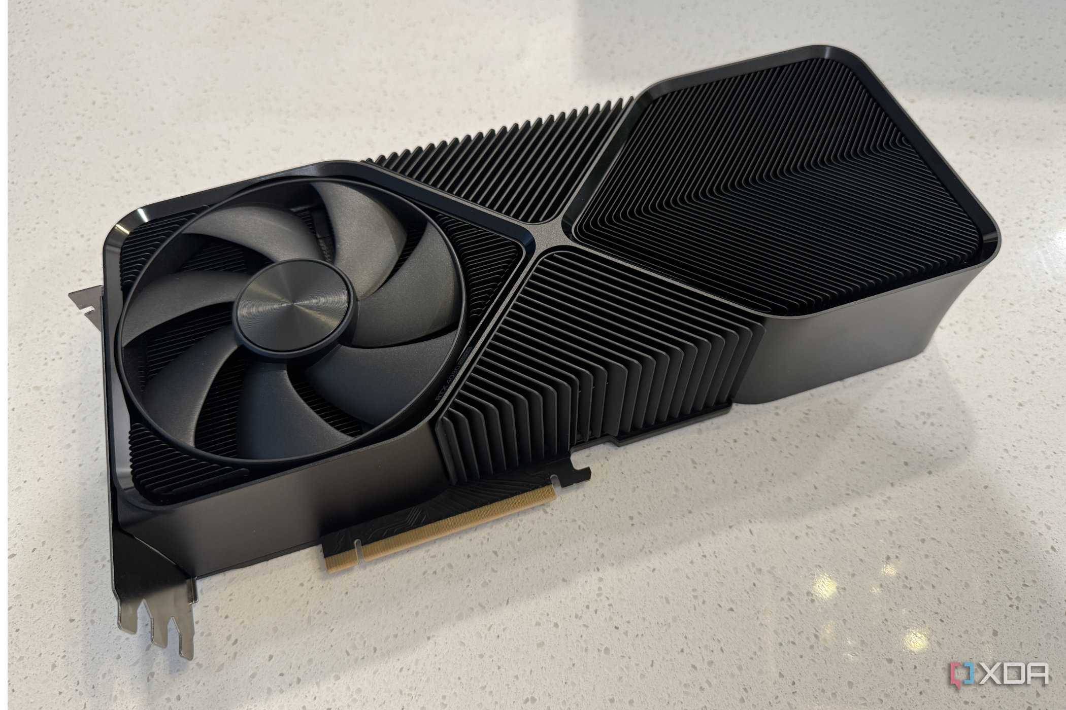 nvidia geforce rtx 4080 super fe graphics card seen from the bottom edge