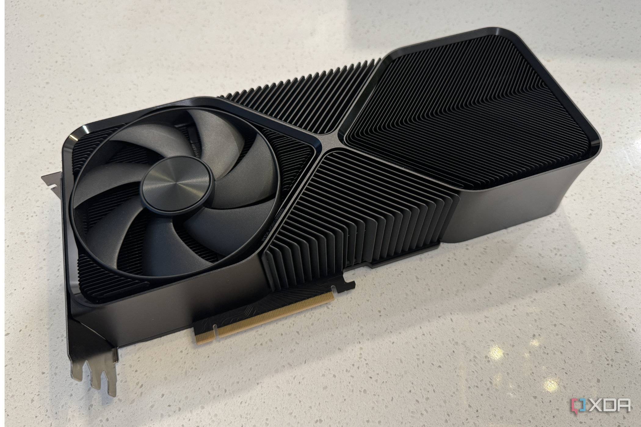 nvidia geforce rtx 4080 super fe graphics card seen from the bottom edge