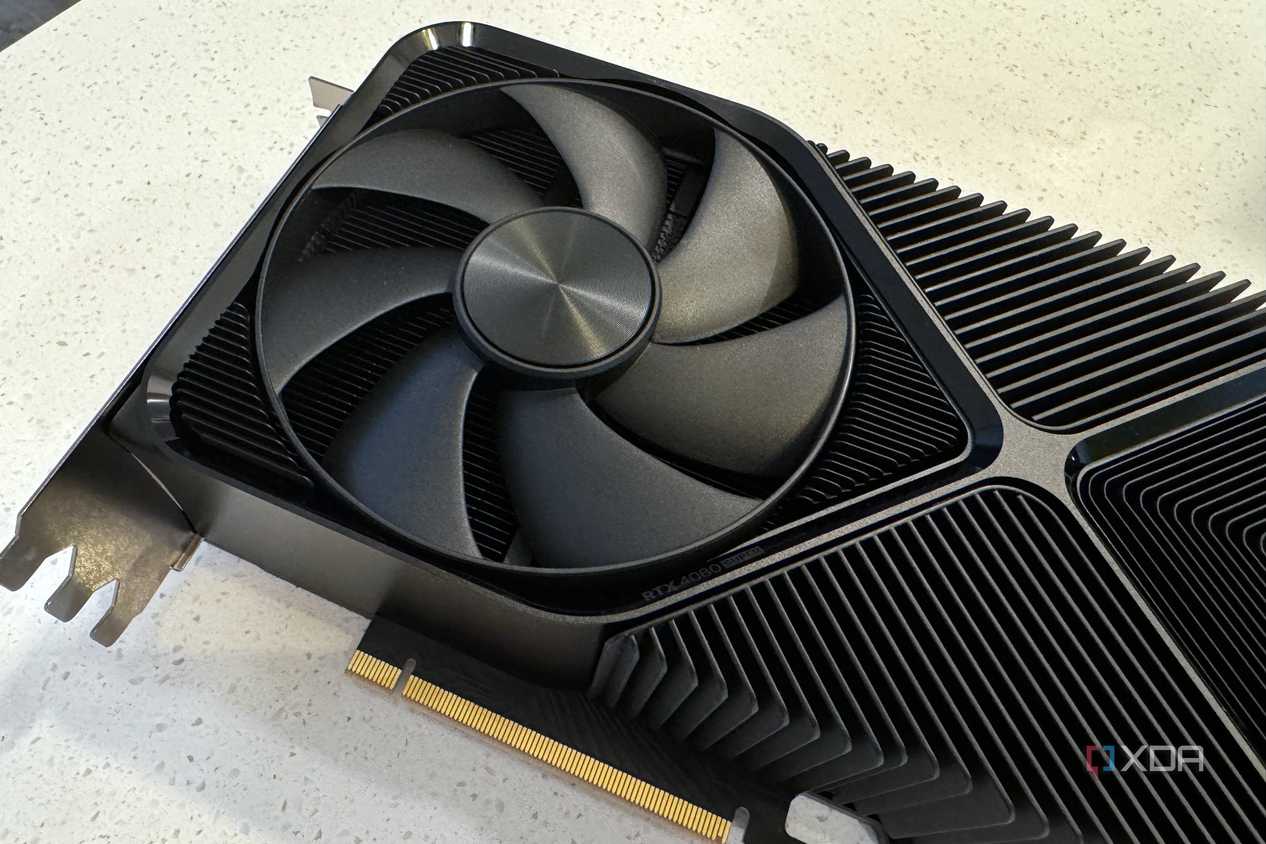 nvidia geforce rtx 4080 super fe closeup to show the large fan near the io shield