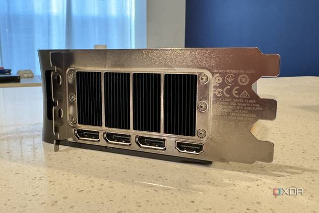 end view of the nvidia geforce rtx 4080 super fe io shield showing all four ports and the exhaust fan grille
