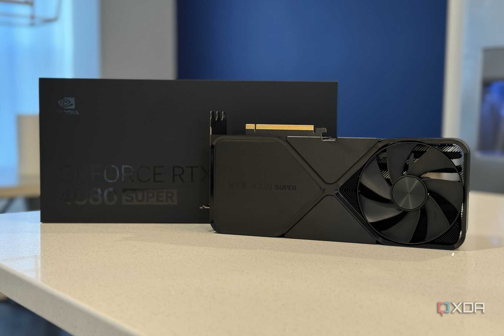 nvidia geforce rtx 4080 super fe stood up next to packaging