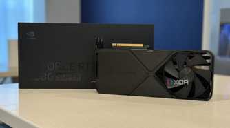 nvidia geforce rtx 4080 super fe stood up next to packaging