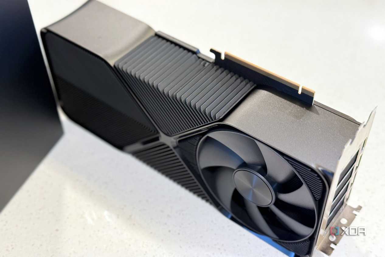 nvidia geforce rtx 4080 super fe stood up on its side to show how thick it is