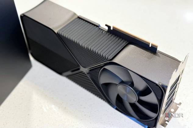 nvidia geforce rtx 4080 super fe stood up on its side to show how thick it is