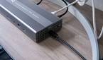 Angled view of the OWC Thunderbolt Go DOck showing the host connection and the front ports