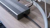 Angled view of the OWC Thunderbolt Go DOck showing the host connection and the front ports