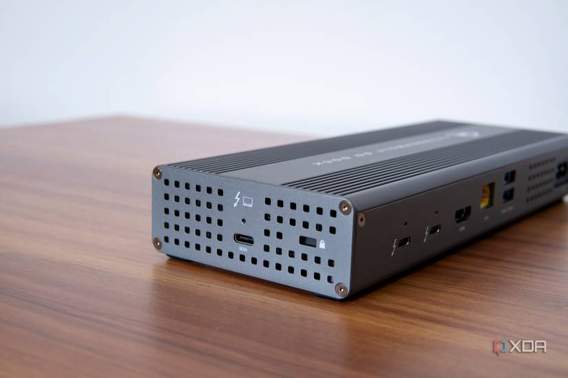 Angled side view of OWC Thunderbolt Go Dock showing the host connection and Kensington lock port
