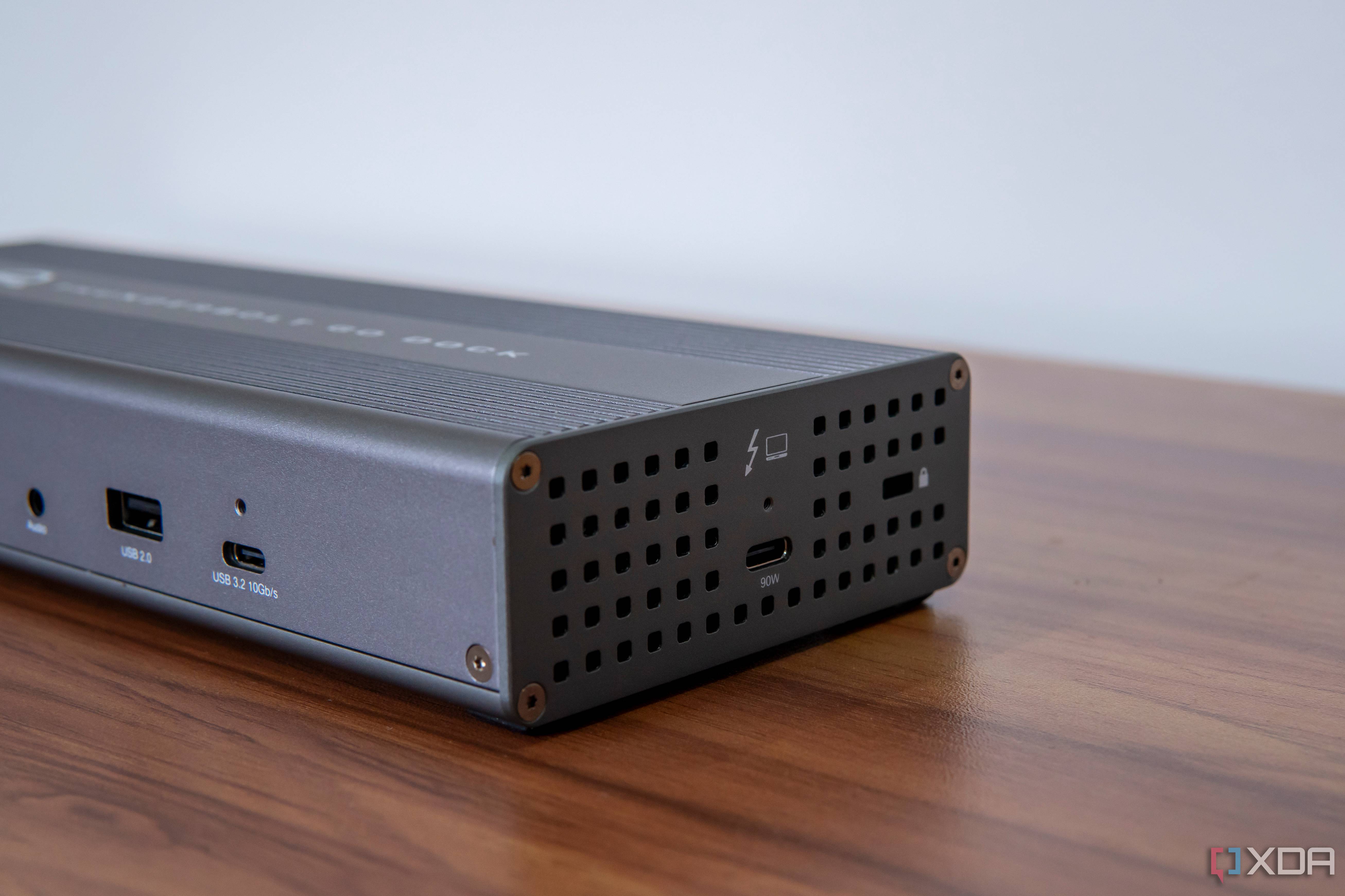 Angled right-side view of the OWC Thunderbolt Go Dock showing the host connection port