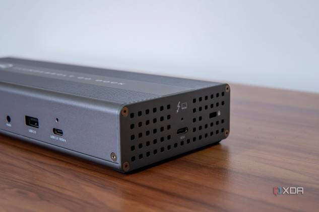 Angled right-side view of the OWC Thunderbolt Go Dock showing the host connection port