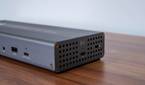 Angled right-side view of the OWC Thunderbolt Go Dock showing the host connection port