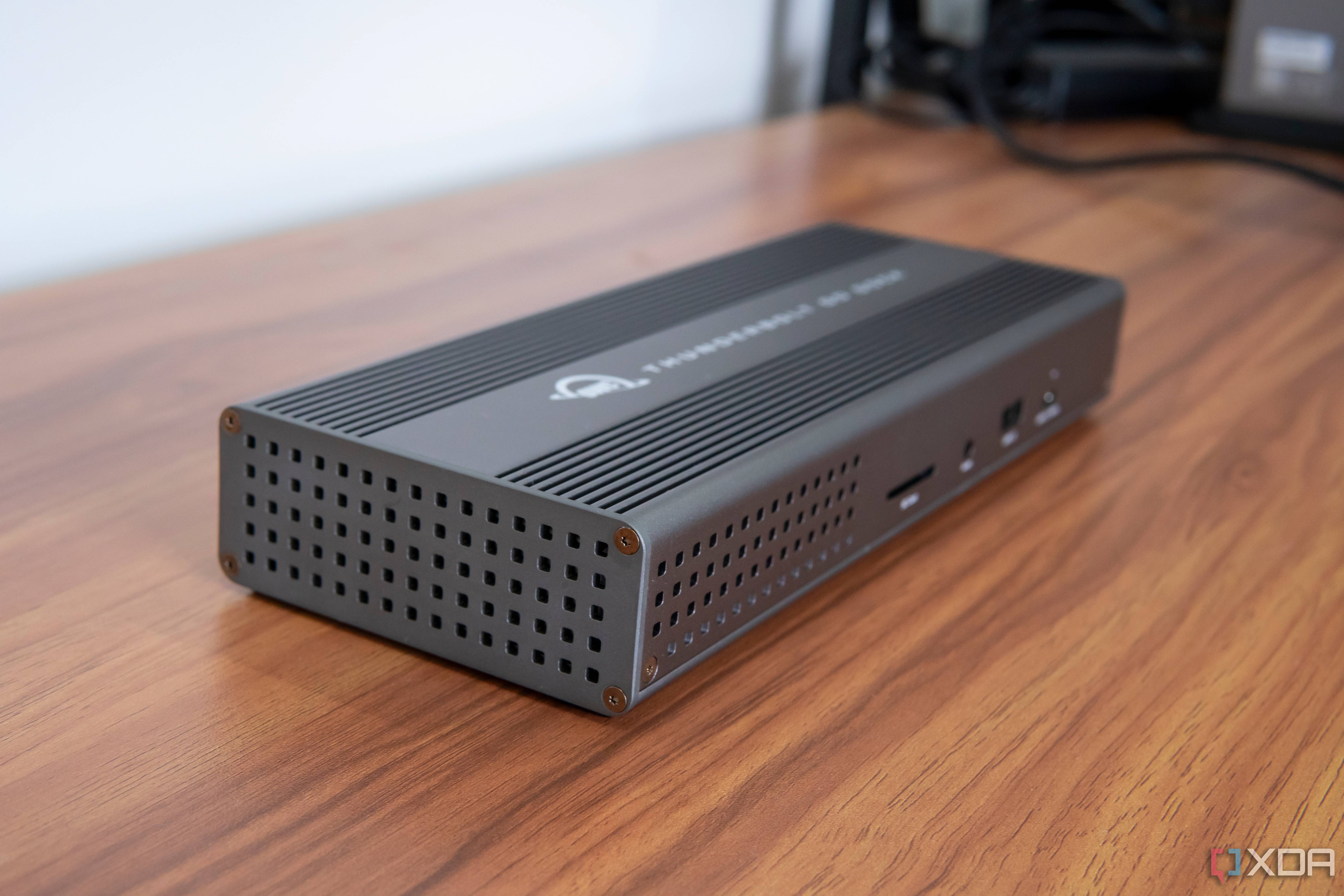 Angled left-side view of the OWC Thunderbolt Go Dock