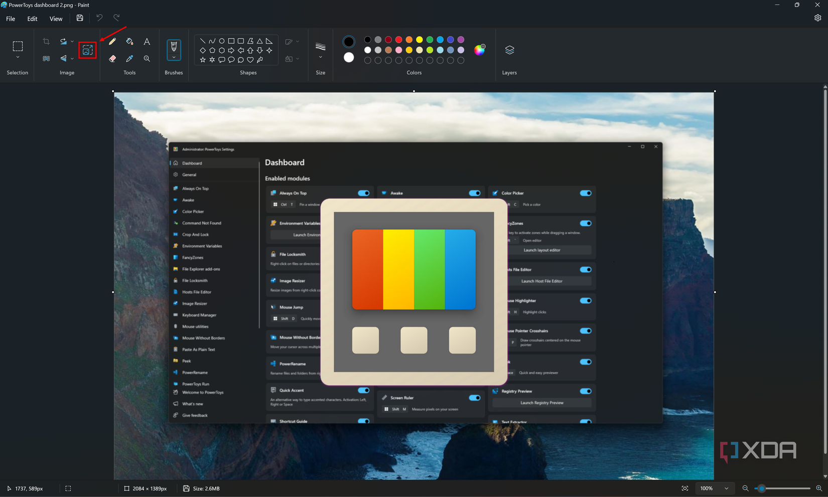 Screenshot of Paint with an image open with the resize button highlighted