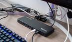 Angled view of the Plugable TBT4-UD5 in a desk setup