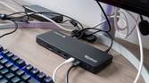 Angled view of the Plugable TBT4-UD5 in a desk setup