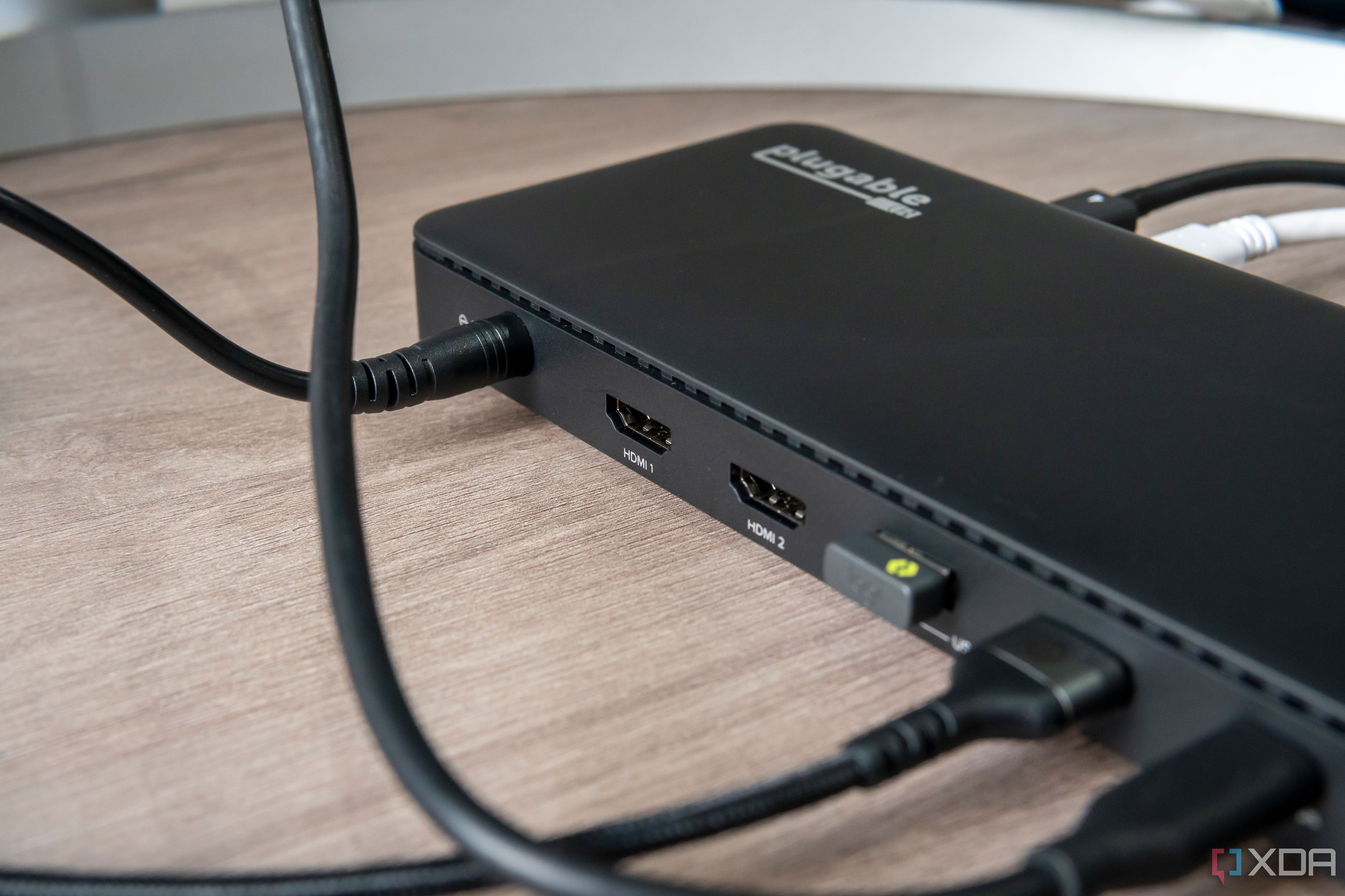 Close-up of the HDMI ports on the back of the Plugable TBT4-UD5 docking station