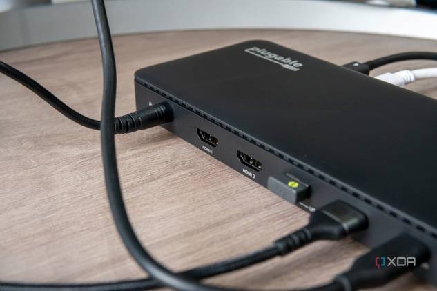Close-up of the HDMI ports on the back of the Plugable TBT4-UD5 docking station