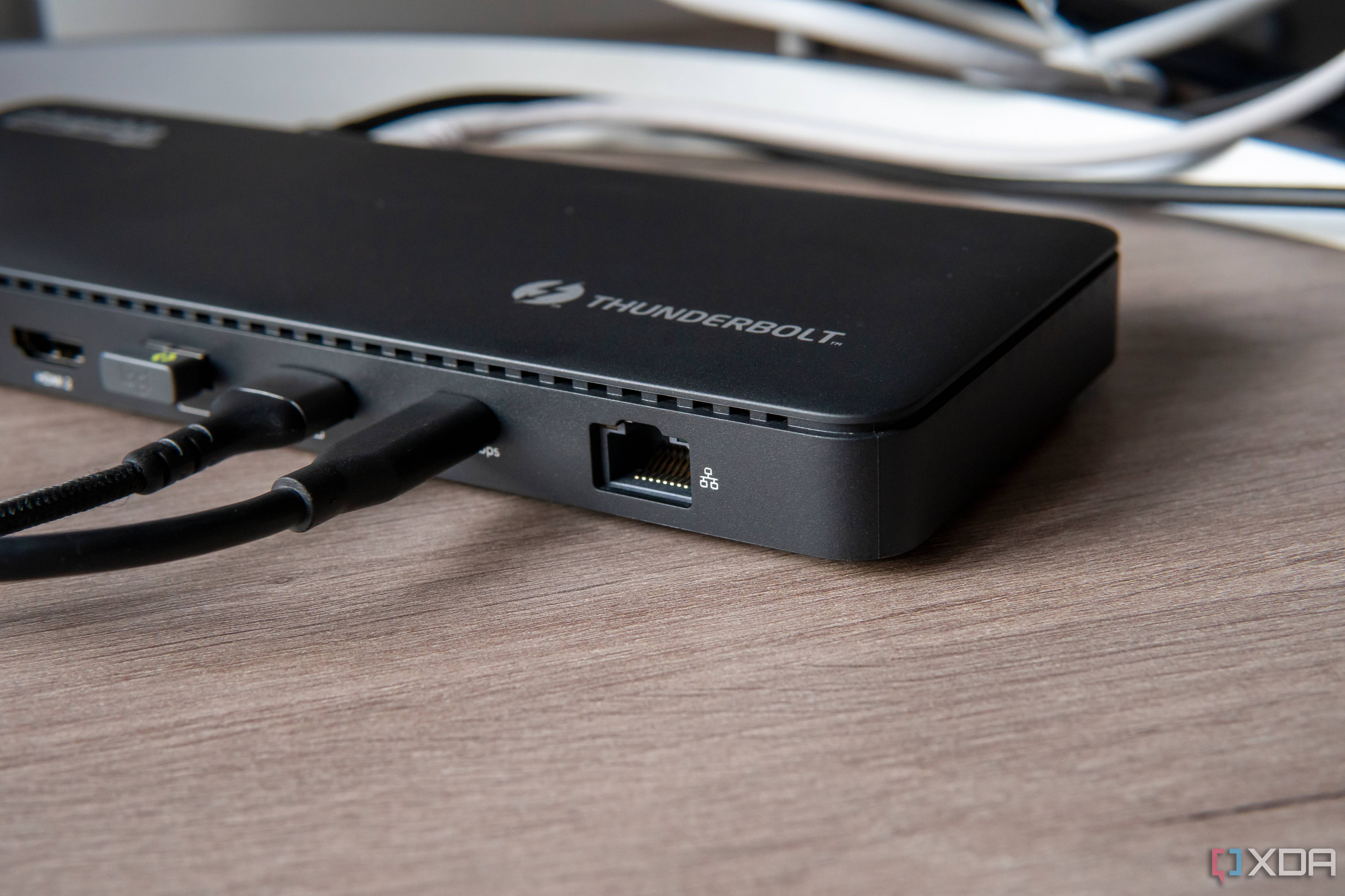 Close-up of the Ethernet port on the back of the Plugable TBT4-UD5 docking station