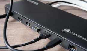 Close-up of the USB ports on the back of the Plugable TBT4-UD5 docking station with peripherals connected