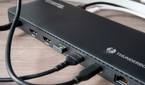 Close-up of the USB ports on the back of the Plugable TBT4-UD5 docking station with peripherals connected