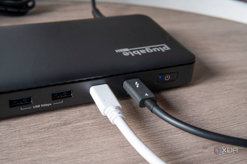 Close-up view of the two Thunderbolt ports on the Plugable TBT4-UD5 dock
