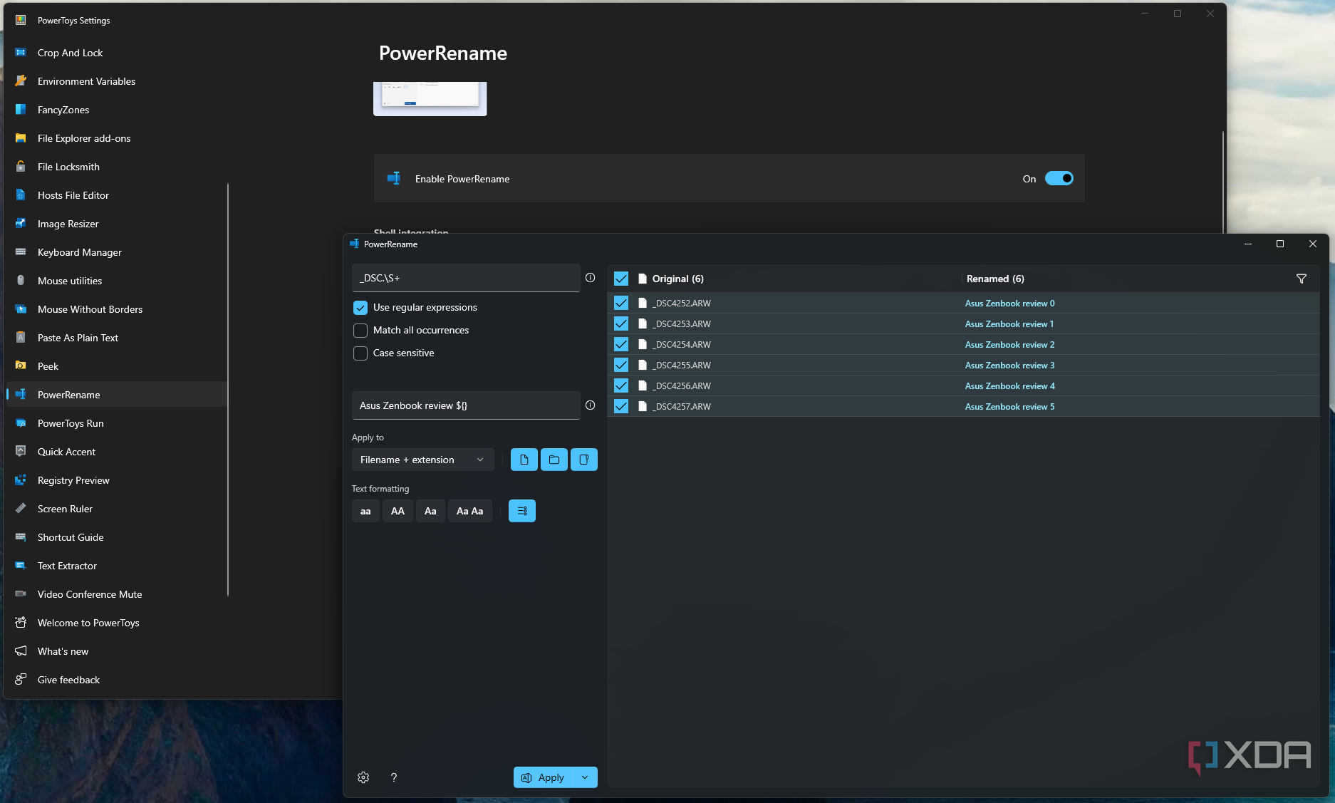 Screenshot of PowerRename being used to rename files