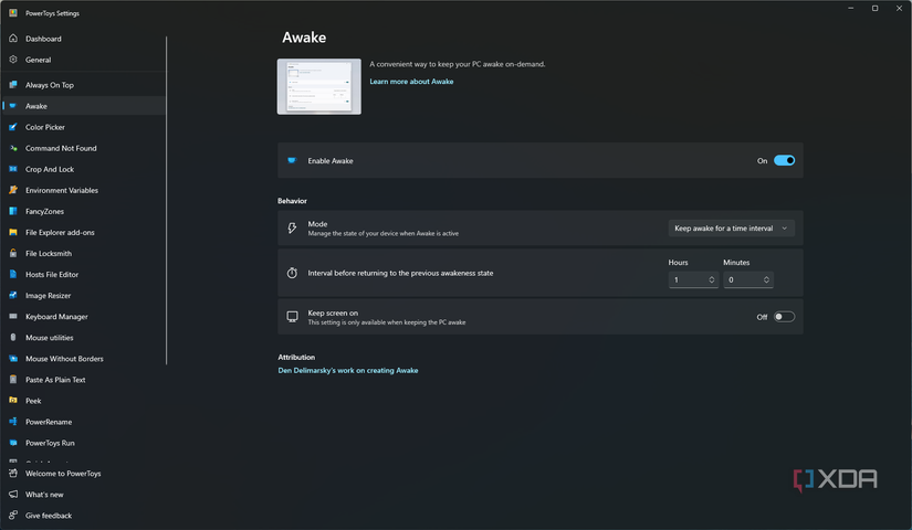 Screenshot of the Settings page for PowerToys Awake