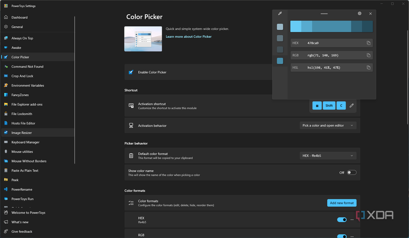Screenshot of the Color Picker in PowerToys with the settings page in the background