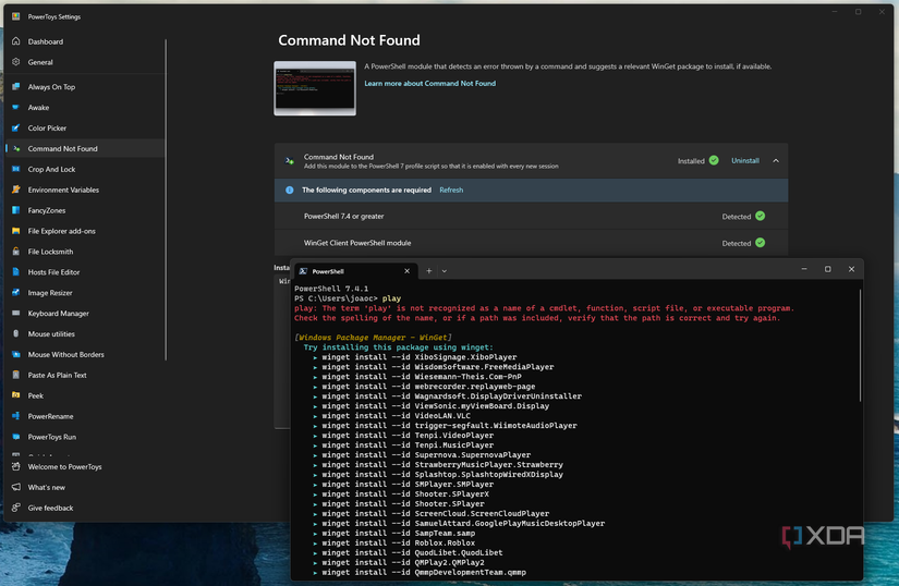 Screenshot of Command Not Found settings in PowerToys and a PowerShell window showing the results of an invalid command with the module enabled
