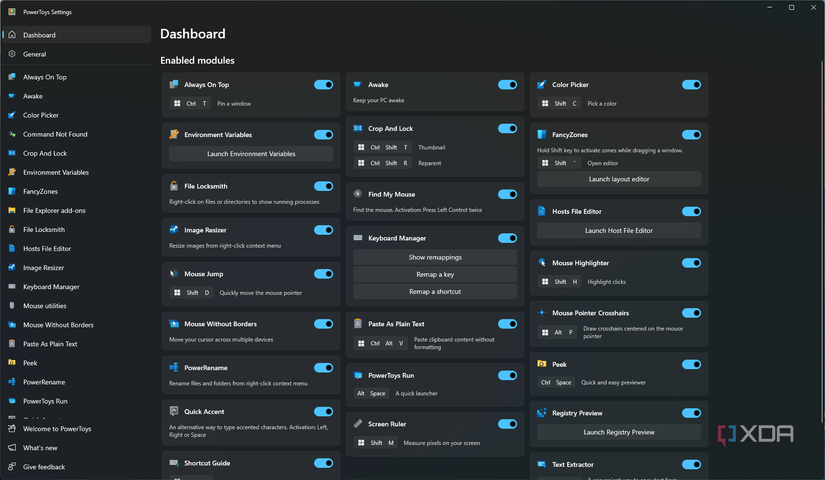 Screenshot the dashboard in PowerToys with all modules enabled