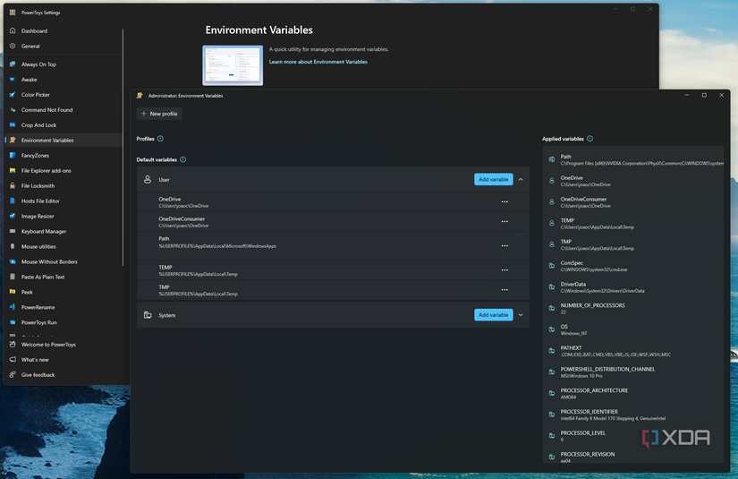 Screenshot of PowerToys Environment variables editor