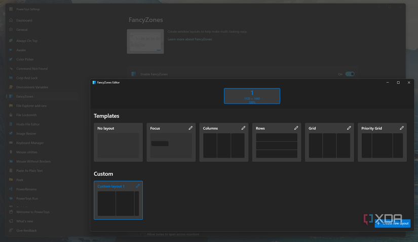 Screenshot of PowerToys FancyZones settings