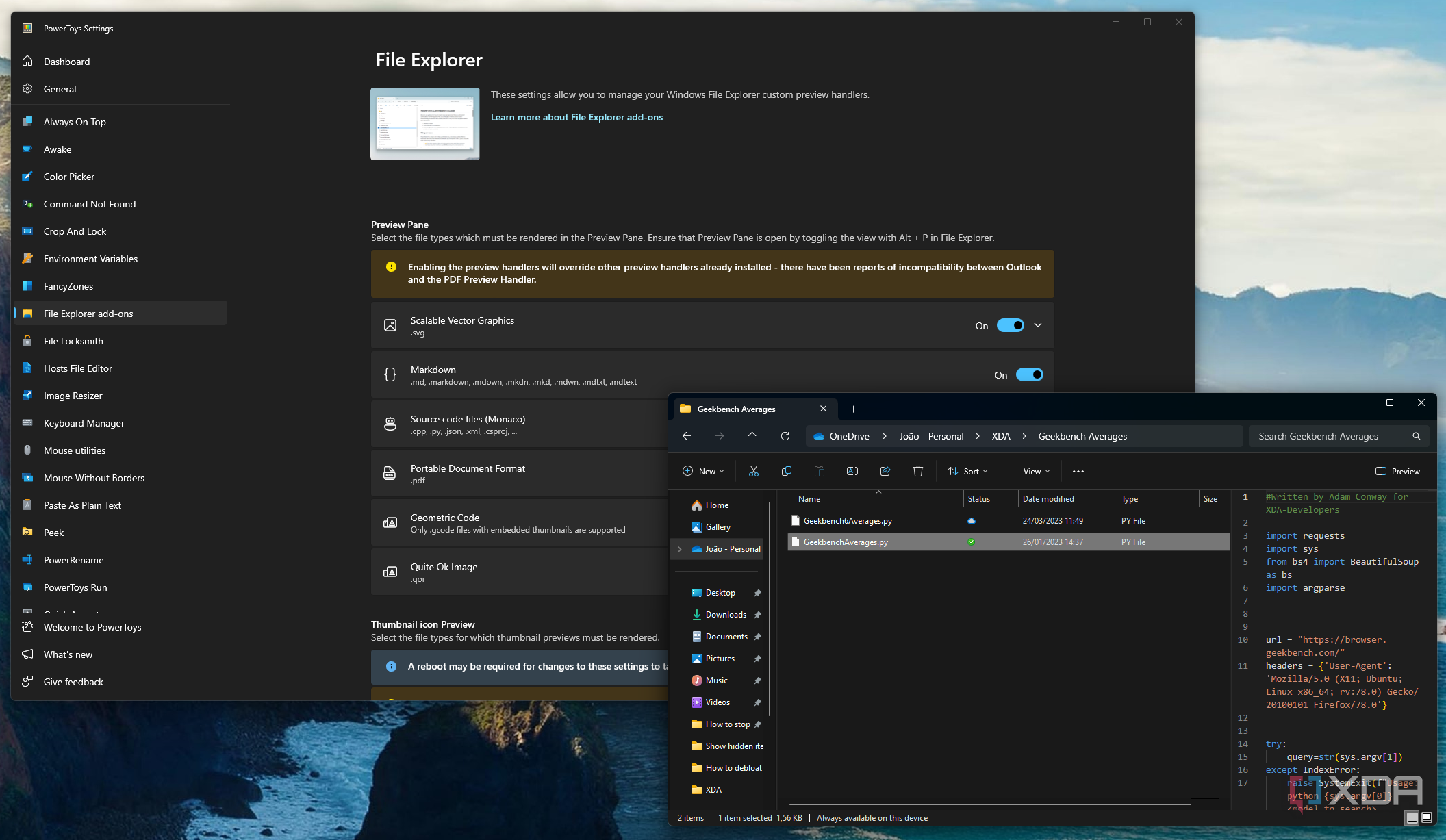 Screenshot of the PowerToys File Explorer add-ons settings page with a File Explorer window showing a preview for a source code file