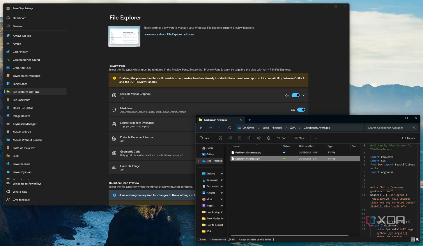 Screenshot of the PowerToys File Explorer add-ons settings page with a File Explorer window showing a preview for a source code file