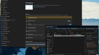 Screenshot of the PowerToys File Explorer add-ons settings page with a File Explorer window showing a preview for a source code file