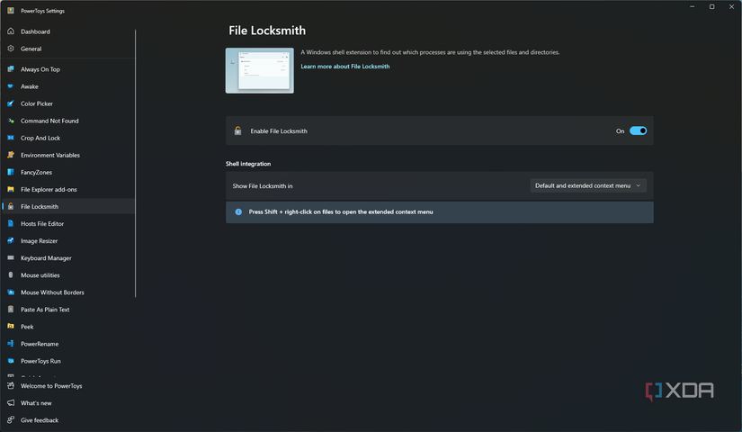 Screenshot of File Locksmith settings in PowerToys