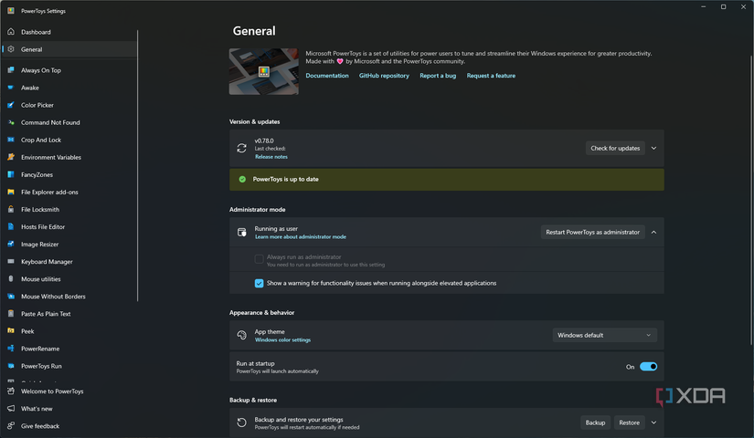 Screenshot of the general settings page in PowerToys